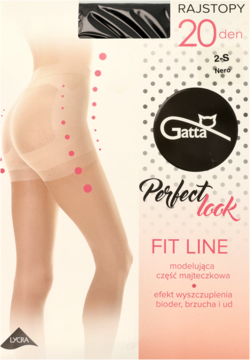 Cieliste rajstopy Gatta Perfect Look FIT LINE 20 den, modelujące sylwetkę, na stylizowanej nodze z opakowaniem.