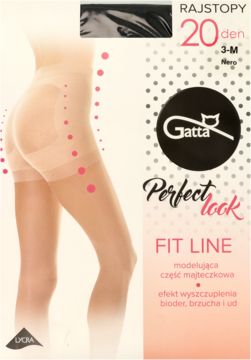 Opakowanie rajstop Gatta Perfect Look 20 den FIT LINE, pokazujące modelujący efekt na nogach, biało-różowe.