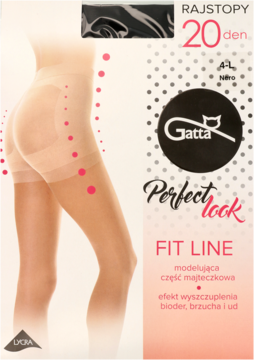 Beżowe rajstopy Gatta Perfect Look FIT LINE 20 den, widok opakowania z modelką w wyszczuplających rajstopach.