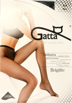 Opakowanie rajstop Gatta Brigitte, czarnych kabaretek z Lycrą, z widoczną modelką w siateczkowym wzorze.