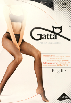 Rajstopy Gatta Brigitte, czarne, z delikatną mikrosiateczką kabaretkową, widoczne na opakowaniu z modelką.
