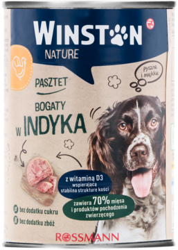 Winston Nature karma dla psa, pasztet z indyka, 70% mięsa. Niebiesko-brązowa puszka z psem, widok z przodu.