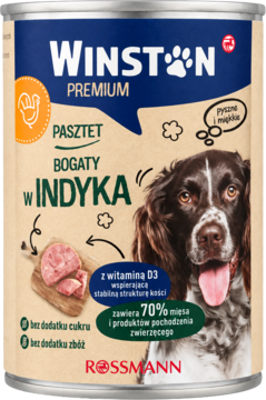 Puszka Winston Premium karma dla psa, pasztet z indykiem i wit. D3. Widok z przodu, brązowa, z psem, bez zbóż i cukru.