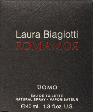 Czarny kartonik Laura Biagiotti Romamor Uomo EDT 40ml z czerwonym napisem Romamor, widok centralny.