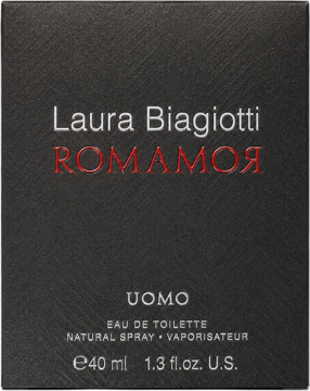 Czarne, matowe pudełko Laura Biagiotti Romamor Uomo, Eau de Toilette 40ml, z czerwonym napisem, widok z przodu.