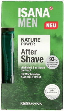 Zielone pudełko Isana Men Nature Power woda po goleniu z leśnym tłem, butelka widoczna z boku, 93% naturalnych składników.