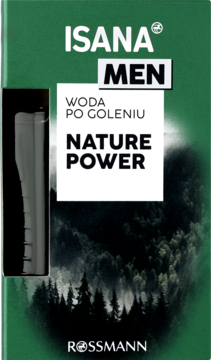 ISANA MEN Woda po goleniu Nature Power, zielony kartonik z motywem leśnym i częścią butelki, widok z przodu.