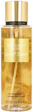 Victoria's Secret Coconut Passion mgiełka do ciała 250ml, złota butelka z palmami, widok z przodu.