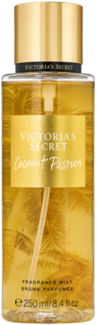 Victoria's Secret Coconut Passion fragrance mist 250ml, złota butelka z palmami, widok z przodu.