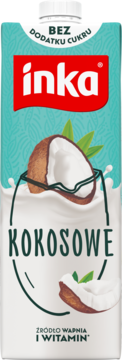 Inka Kokosowe roślinny napój, bez dodatku cukru, turkusowe opakowanie z grafiką kokosa i liści, z przodu.