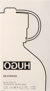 Białe pudełko Hugo Boss Reversed EAU DE TOILETTE z czarnym obrysem butelki i odwróconym logo ODUH.