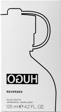 Białe pudełko Hugo Boss Reversed Eau de Toilette dla mężczyzn z czarnym odwróconym logo i sylwetką butelki.