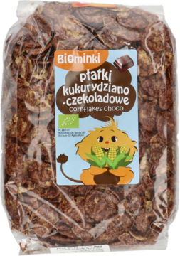 Biominki płatki kukurydziano-czekoladowe, widok z przodu w przezroczystym opakowaniu z etykietą potwora.
