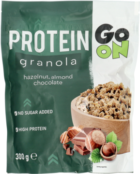 GO ON PROTEIN granola, zielono-biała torebka, orzech laskowy, migdał, czekolada, bez cukru, widok z przodu.
