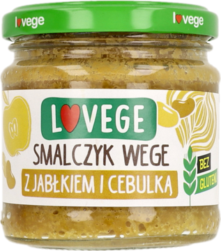 Lovege Smalczyk Wege z jabłkiem i cebulką, bezglutenowy, w szklanym słoiku z zieloną nakrętką, widok z przodu.