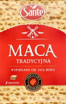 Czerwono-beżowe opakowanie Sante Maca Tradycyjna z logo, napisem MACA i widoczną teksturą krakersów, widok z przodu.