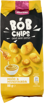 Opakowanie Bób Chips Miód & Musztarda, czarno-żółte, z chrupkami, miodem i musztardą, widok z przodu.