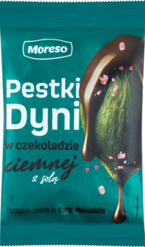 Moreso Pestki Dyni w ciemnej czekoladzie z solą himalajską, zielone opakowanie front.