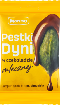 Moreso Pestki Dyni w mlecznej czekoladzie, żółta torebka z grafiką zielonego ziarna oblanej czekoladą.
