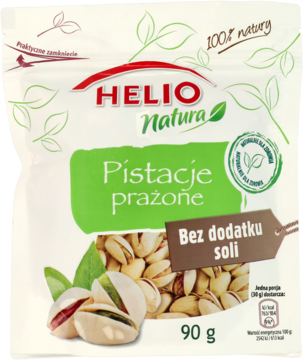 Biała torebka HELIO Natura Pistacje prażone 90g, z napisem 'Bez dodatku soli' i ilustracją pistacji, widok z przodu.