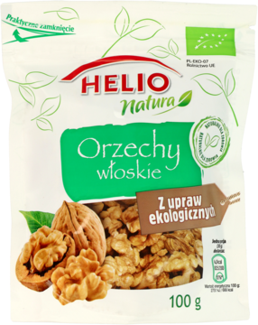 Biało-zielona torebka Helio Natura, orzechy włoskie łuskane, z certyfikatem ekologicznym, widok z przodu.
