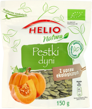 Zielono-białe opakowanie ekologicznych pestek dyni Helio Natura 150g, z pomarańczową dynią i zielonymi nasionami na froncie.