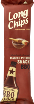 Brązowe opakowanie Long Chips, chipsy ziemniaczane BBQ, z ikoną sosu i napisem "MASHED POTATO SNACK".