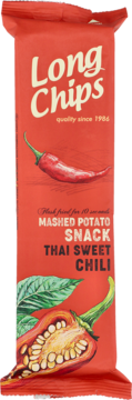 Czerwone opakowanie Long Chips Thai Sweet Chili, mashed potato snack, z rysunkiem chili, widok z przodu.