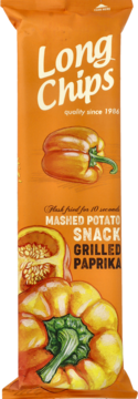 Pomarańczowe opakowanie Long Chips, chrupiącego snacka ziemniaczanego o smaku grillowanej papryki, widok z przodu.