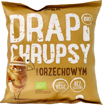 Beżowa paczka Drapichrupsy BIO o smaku orzechowym, bez glutenu, z rysunkowym orzeszkiem. Widok z przodu.