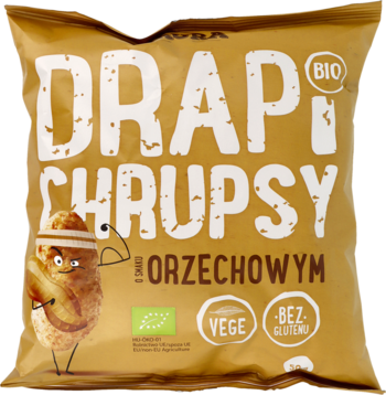 Beżowa paczka Drapichrupsy BIO o smaku orzechowym, bez glutenu, z rysunkowym orzeszkiem. Widok z przodu.