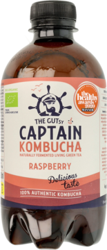 Captain Kombucha Raspberry w brązowej butelce, etykieta z kapitanem, The Healthy Awards 2020 WINNER, widok z przodu.