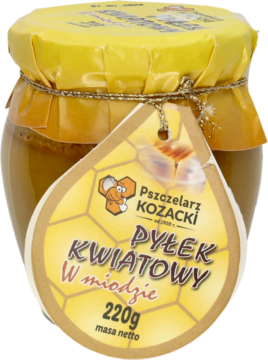 Miód Pszczelarz Kozacki z pyłkiem kwiatowym 220g w szklanym słoiku, żółta etykieta z logo, widok z przodu.