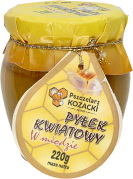 Miód Pszczelarz Kozacki z pyłkiem kwiatowym 220g w szklanym słoiku, żółta etykieta z logo, widok z przodu.