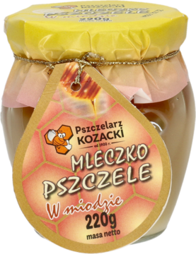 Przezroczysty słoik Pszczelarz Kozacki z mleczkiem pszczelim w miodzie 220g, z żółtą nakrętką i etykietą plastra miodu.