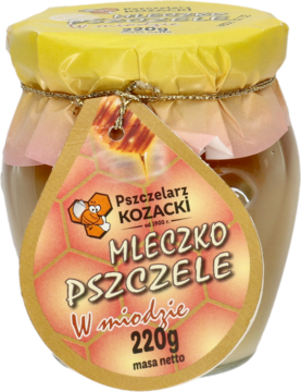 Przezroczysty słoik Pszczelarz Kozacki z mleczkiem pszczelim w miodzie 220g, z żółtą nakrętką i etykietą plastra miodu.