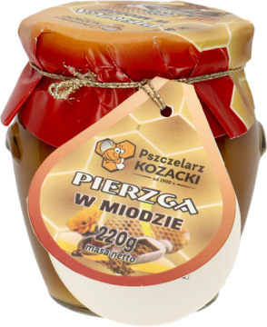 Szklany słoik Pierzgi w Miodzie Pszczelarz Kozacki, 220g, z beżową etykietą i złotym opakowaniem wieczka, widok z przodu.