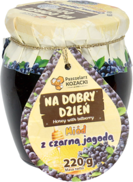 Miód Pszczelarz Kozacki z czarną jagodą (bilberry) w szklanym słoiku 220g, widok z przodu z zawieszką.