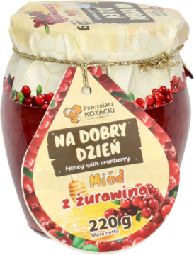 Szklany słoik kremowego miodu z żurawiną (220g) z etykietą 'Honey with cranberry', widok z przodu.