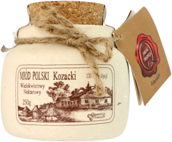Ręcznie wykonana kamionka z polskim miodem wielokwiatowym, z korkiem i sznurkiem, widok z przodu.