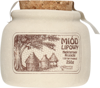 Miód lipowy 250g w ręcznie wykonanej beżowej kamionce z korkiem, z brązową grafiką uli, widok frontalny.