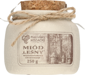 Miód leśny 250g w kremowej, ceramicznej kamionce z korkiem i sznurkiem, widok z przodu.