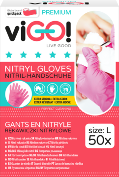 Biało-różowe opakowanie rękawiczek nitrylowych ViGO! Premium, różowych, rozm. L, 50 sztuk, widok z przodu.