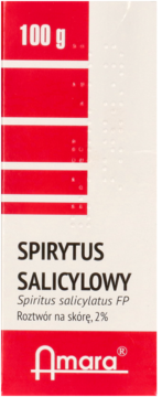 Biało-czerwone opakowanie Spirytusu Salicylowego 100g Amara, roztwór 2% na skórę, widok z przodu.