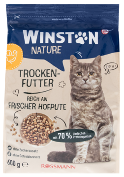 Winston Nature karma sucha dla kota bogata w indyka, w beżowo-niebieskim worku, widok z przodu. 600g.