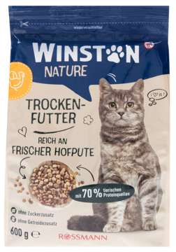 Winston Nature karma sucha dla kota bogata w indyka, w beżowo-niebieskim worku, widok z przodu. 600g.
