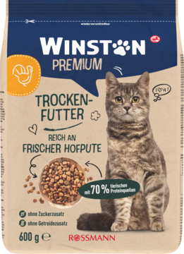 Winston Premium, sucha karma dla kota, 600g. Niebieska torba z kotem; bogata w świeżego indyka, bez zbóż. Widok z przodu.