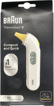 Front view of black Braun ThermoScan 3 ear thermometer box, white device with yellow tip, display 37.0.