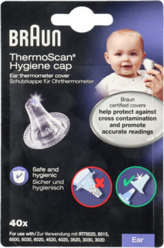 Ciemne opakowanie Braun ThermoScan Hygiene Cap 40x, jednorazowe nakładki do termometru, z dzieckiem.