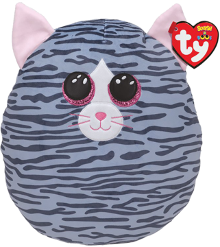 Okragla maskotka kiki, szary kot w paski z rozowymi uszami, brokatowymi oczami i metka Ty.